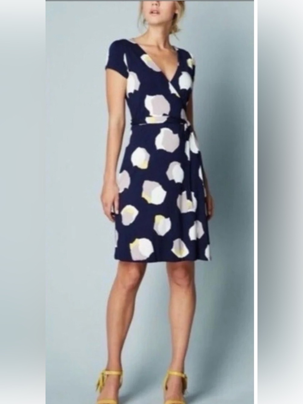 Boden Navy Wrap Midi Dress with White and Yellow Floral Spots